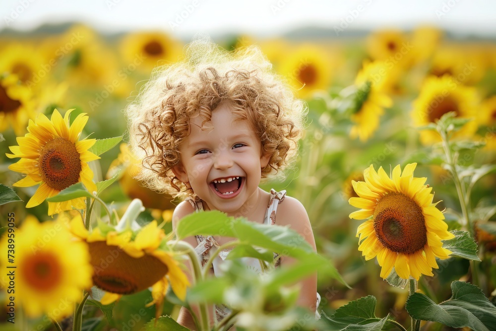 A happy girl is smiling in a sunflower field, surrounded by yellow flowers A happy girl is smiling in a sunflower field, surrounded by yellow flowers