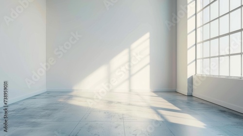 The bright daylighting casts intricate shadows on the composite material floor, as the white walls of the indoor building frame a single window, offering a glimpse into a world beyond