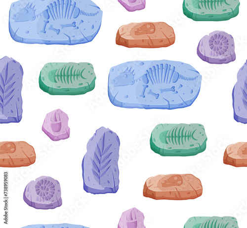 Seamless pattern of fossil stones with dinosaur skeleton and paw print
