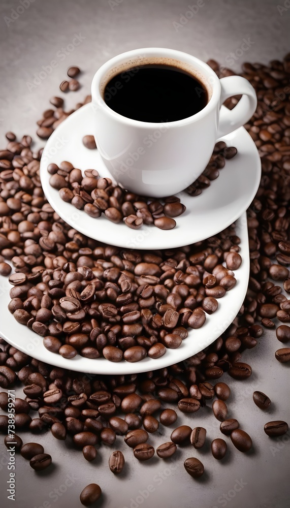 A cup of coffee and some coffee beans. a focused selection. A cup of coffee and some coffee beans. a focused selection.