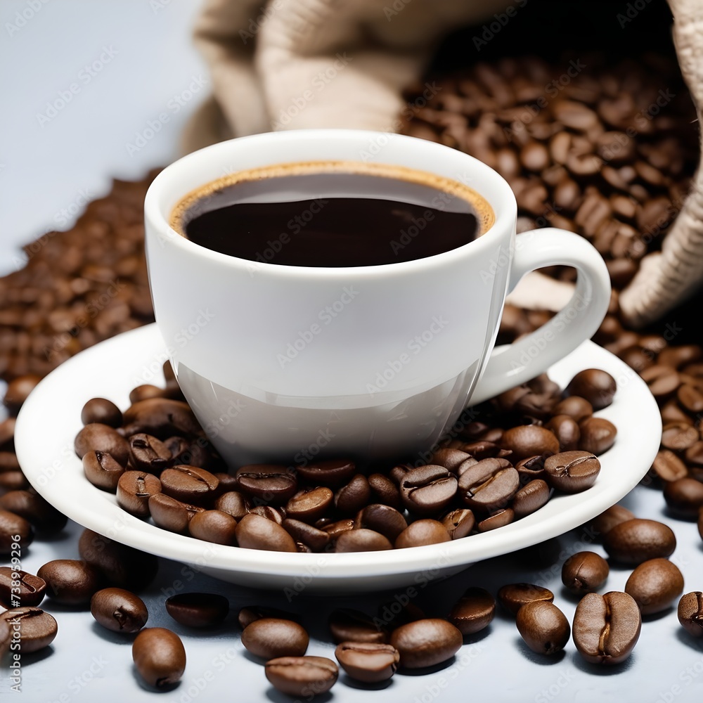 Fototapeta premium A cup of coffee and some coffee beans. a focused selection.