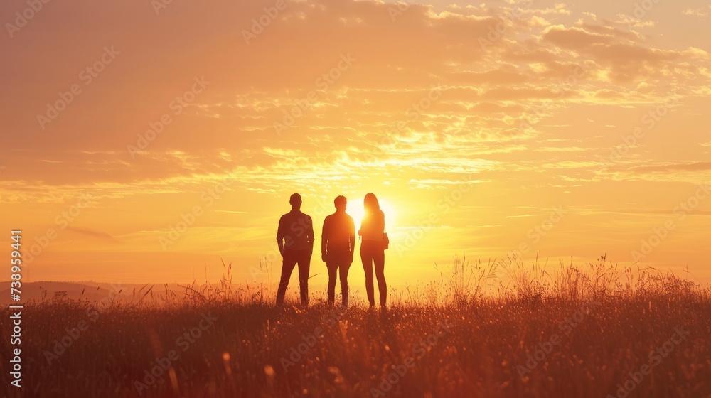 As the sun sets behind a group of silhouetted individuals standing in a grassy field, the warm hues of the sky and the soft backlighting evoke a sense of peacefulness and connection to nature