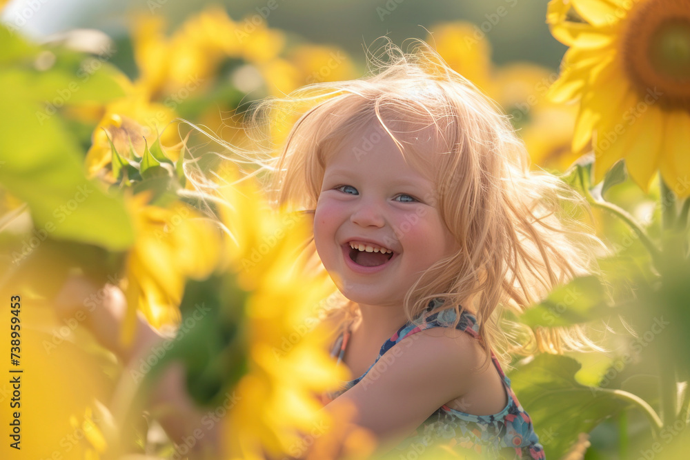 A happy girl is smiling in a sunflower field, surrounded by yellow flowers A happy girl is smiling in a sunflower field, surrounded by yellow flowers