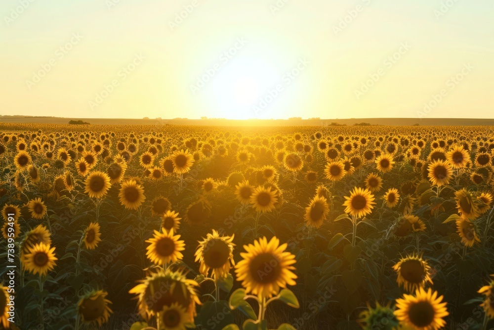 Obraz premium Field of sunflowers with setting sun painting sky, creating breathtaking view