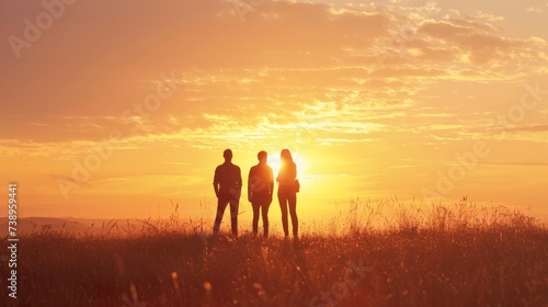 As the sun sets behind a group of silhouetted individuals standing in a grassy field, the warm hues of the sky and the soft backlighting evoke a sense of peacefulness and connection to nature