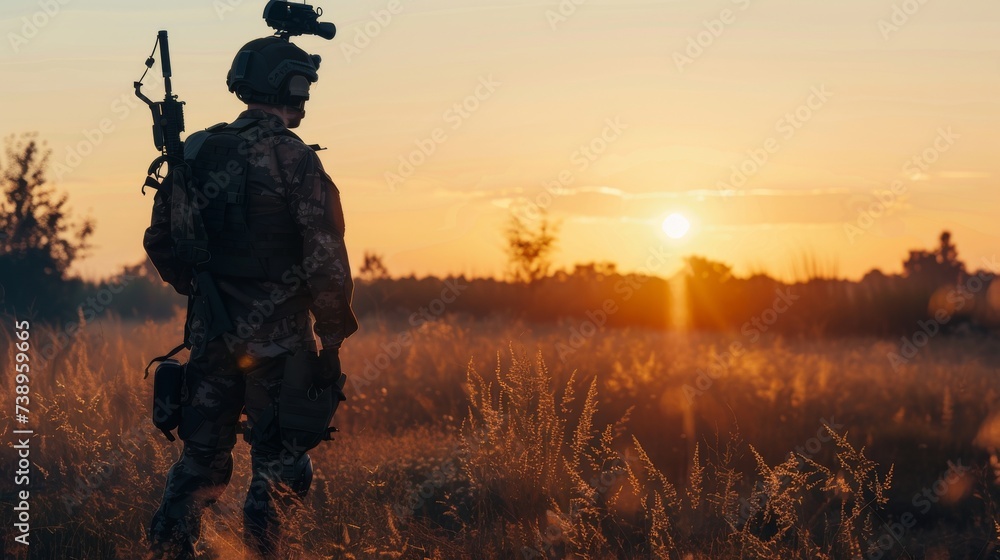 As the fiery sun sets behind him, a lone soldier stands tall in the open field, rifle in hand, a symbol of courage and determination amidst the tranquil outdoor landscape As the fiery sun sets behind him, a lone soldier stands tall in the open field, rifle in hand, a symbol of courage and determination amidst the tranquil outdoor landscape
