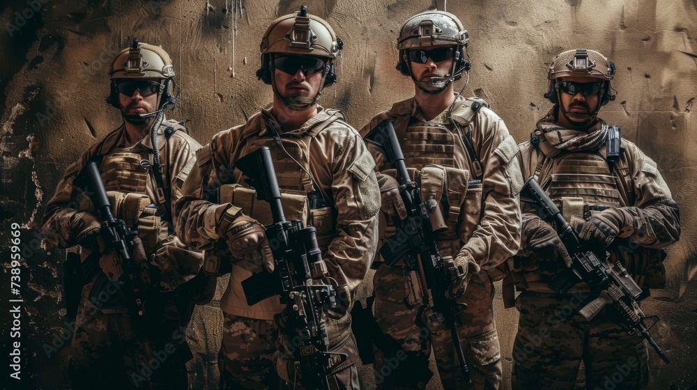 An intimidating squad of uniformed soldiers armed with guns and wearing camouflage, helmets, and ballistic vests, stand ready for battle as they represent the strength and organization of the militar - obrazy, fototapety, plakaty 