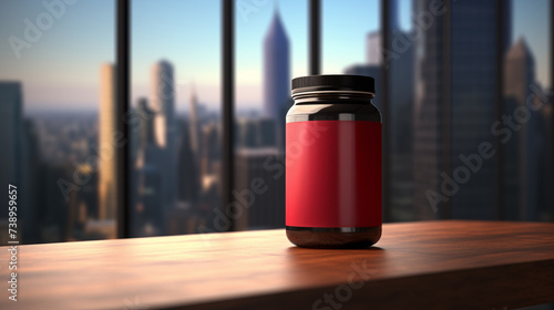 Supplement Jar with Cityscape View at Dawn