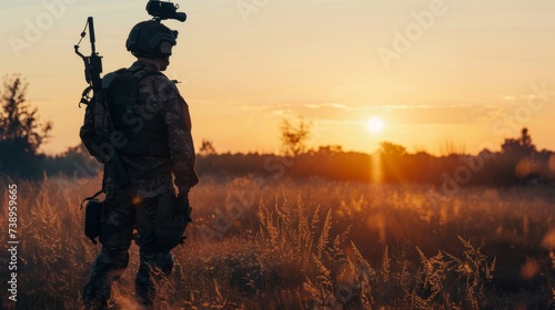 As the fiery sun sets behind him, a lone soldier stands tall in the open field, rifle in hand, a symbol of courage and determination amidst the tranquil outdoor landscape