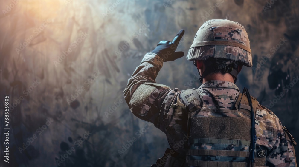 Fototapeta premium A soldier stands tall, saluting with his weapon in hand, dressed in a camouflage uniform and armed with a rifle, representing strength, sacrifice, and the bravery of our military forces