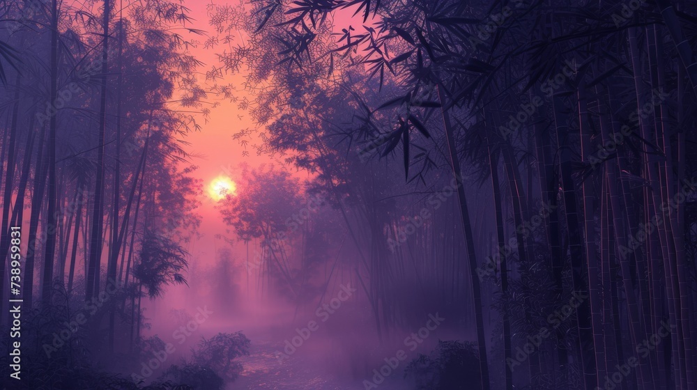 Mystical Purple Bamboo Forest with Ethereal Mist and Light and Vibrant Orange Sunset - obrazy, fototapety, plakaty 