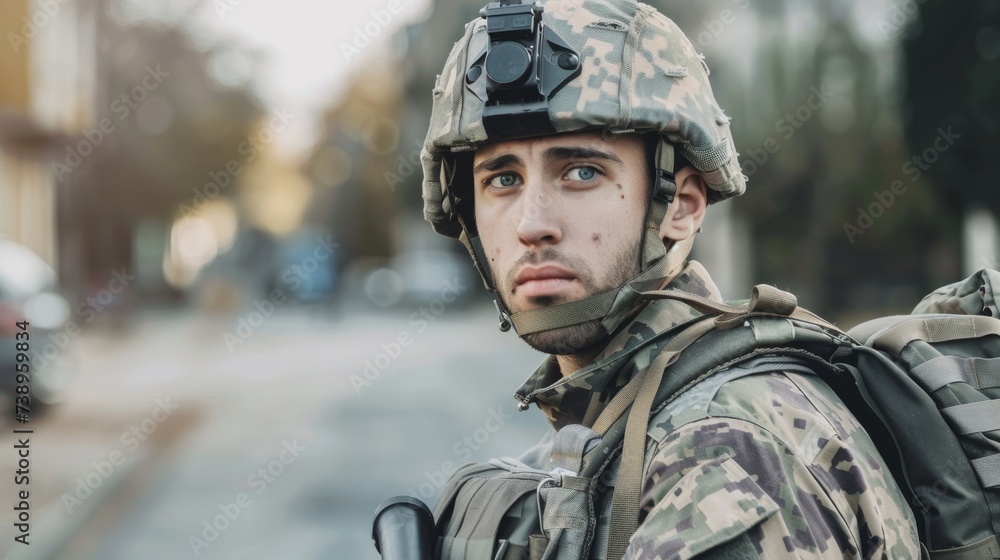 A determined soldier stands tall on a busy street, dressed in full military uniform and armed with weapons, representing strength and protection A determined soldier stands tall on a busy street, dressed in full military uniform and armed with weapons, representing strength and protection