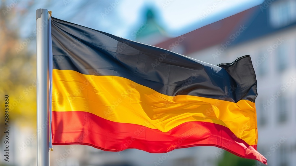Naklejka premium Germany flag on house corner, symbol of patriotismblurred background, sunny day.
