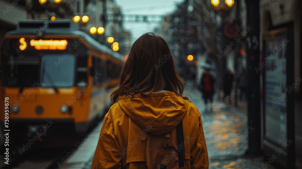 A stylish woman waits for public transport on a busy city street, her yellow jacket catching the eye of passing land vehicles while a train rumbles in the distance