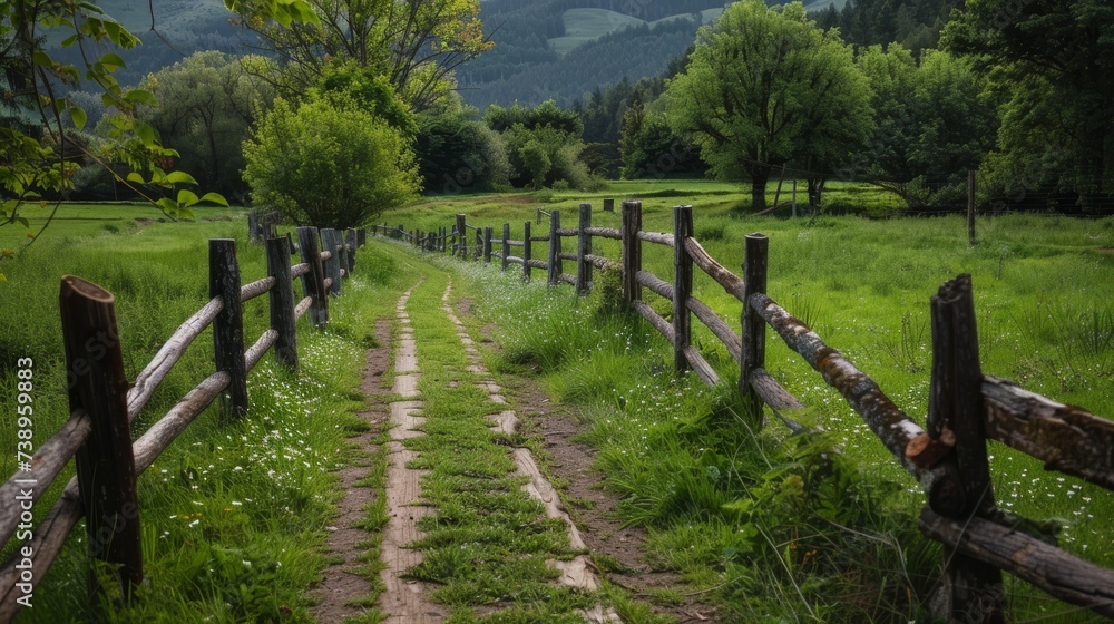 A serene countryside scene, where a winding dirt road leads through lush green grass and towering trees, with a charming split rail fence framing the picturesque landscape and distant mountains, evok