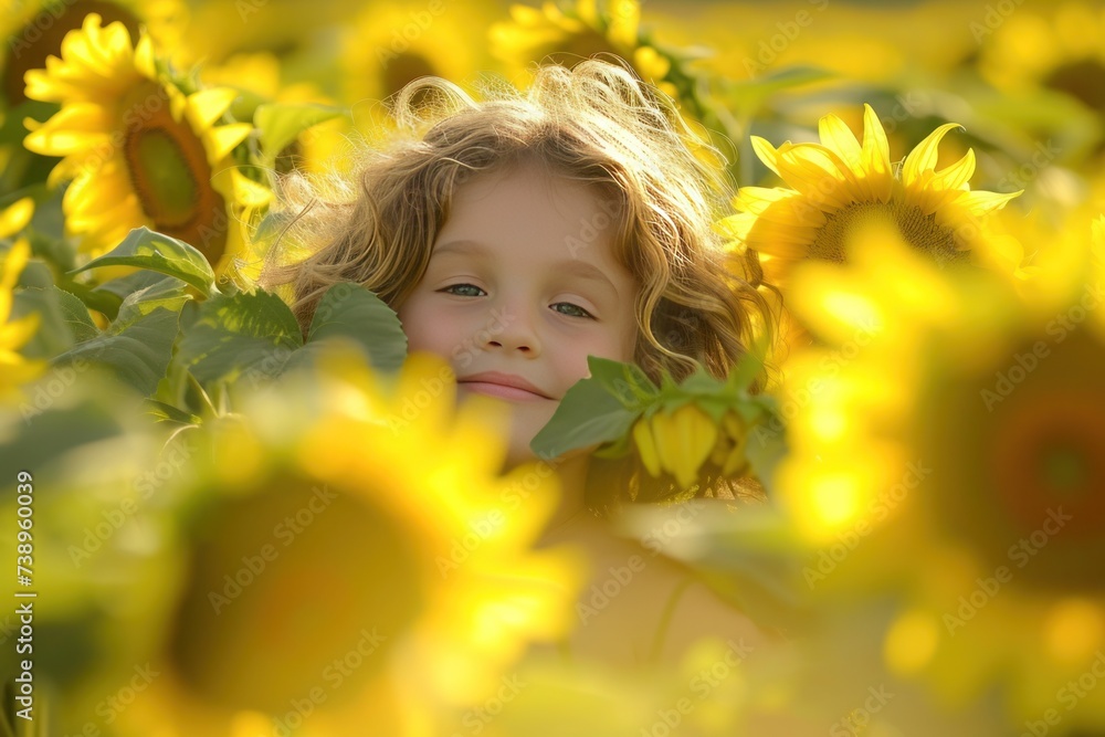 A happy girl is smiling in a sunflower field, surrounded by yellow flowers A happy girl is smiling in a sunflower field, surrounded by yellow flowers