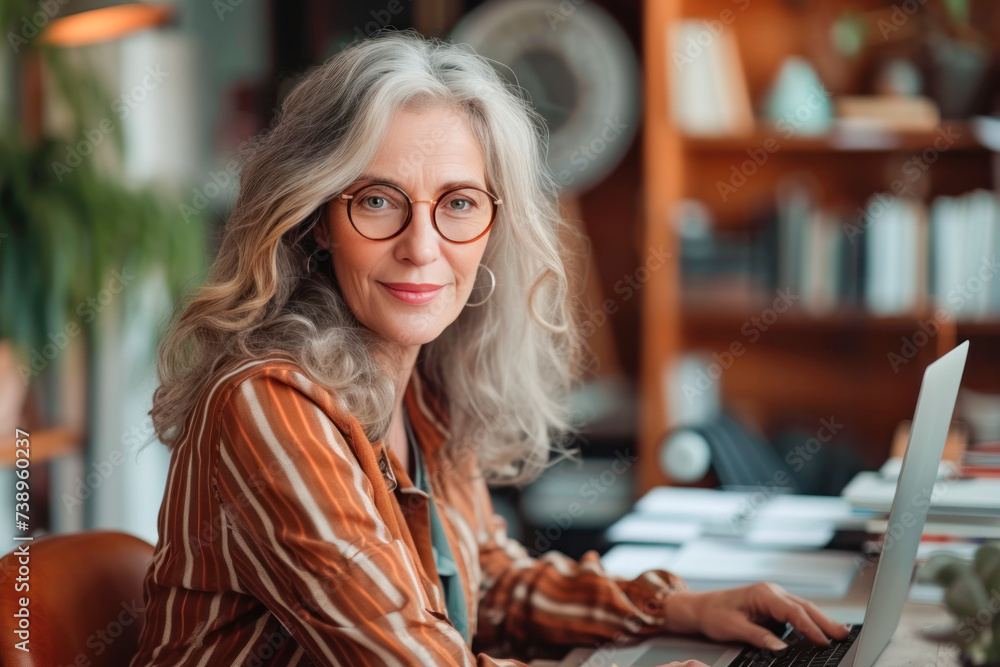 Mature beautiful woman with gray hair wearing glasses sits at home at a table and works on a laptop with a happy face, looking at the camera, side view Mature beautiful woman with gray hair wearing glasses sits at home at a table and works on a laptop with a happy face, looking at the camera, side view