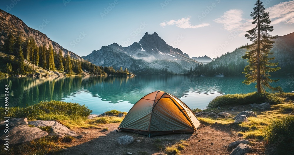 tourist tent with stunning view - obrazy, fototapety, plakaty 