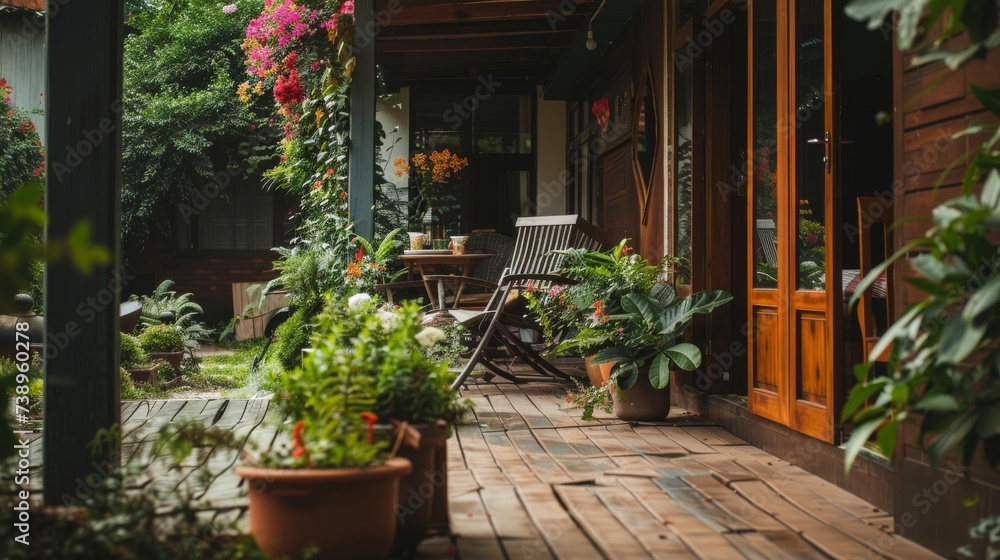 A charming wooden patio adorned with colorful flowerpots and lush houseplants creates a serene outdoor oasis for relaxation and connection with nature