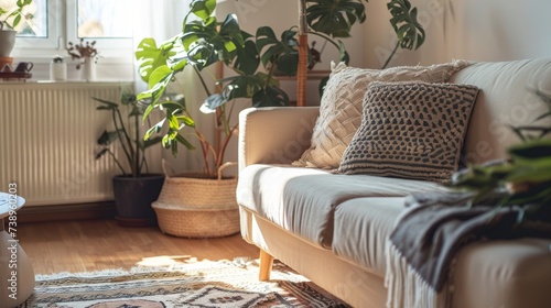 An inviting indoor oasis with a cozy couch, vibrant pillows, and a lush houseplant by the window, adorned with a stylish vase and decorative cushions