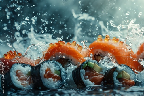 fresh sushi on a water splash background