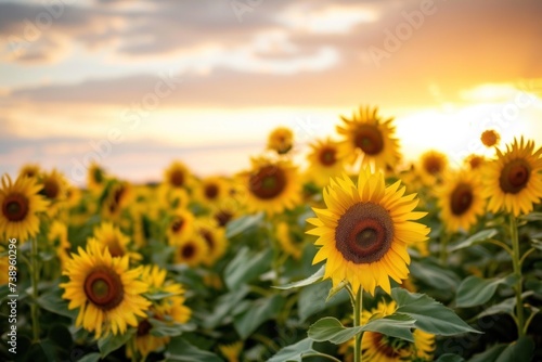 Field of sunflowers with setting sun painting sky, creating breathtaking view