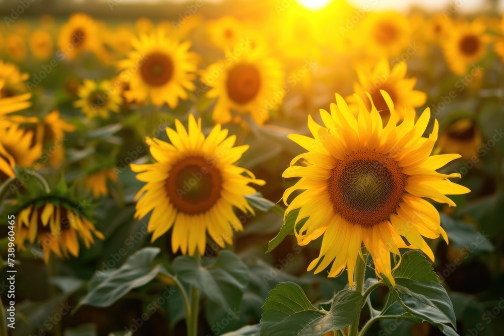 Field of yellow sunflowers glowing in the sun, closeup macro photography Field of yellow sunflowers glowing in the sun, closeup macro photography