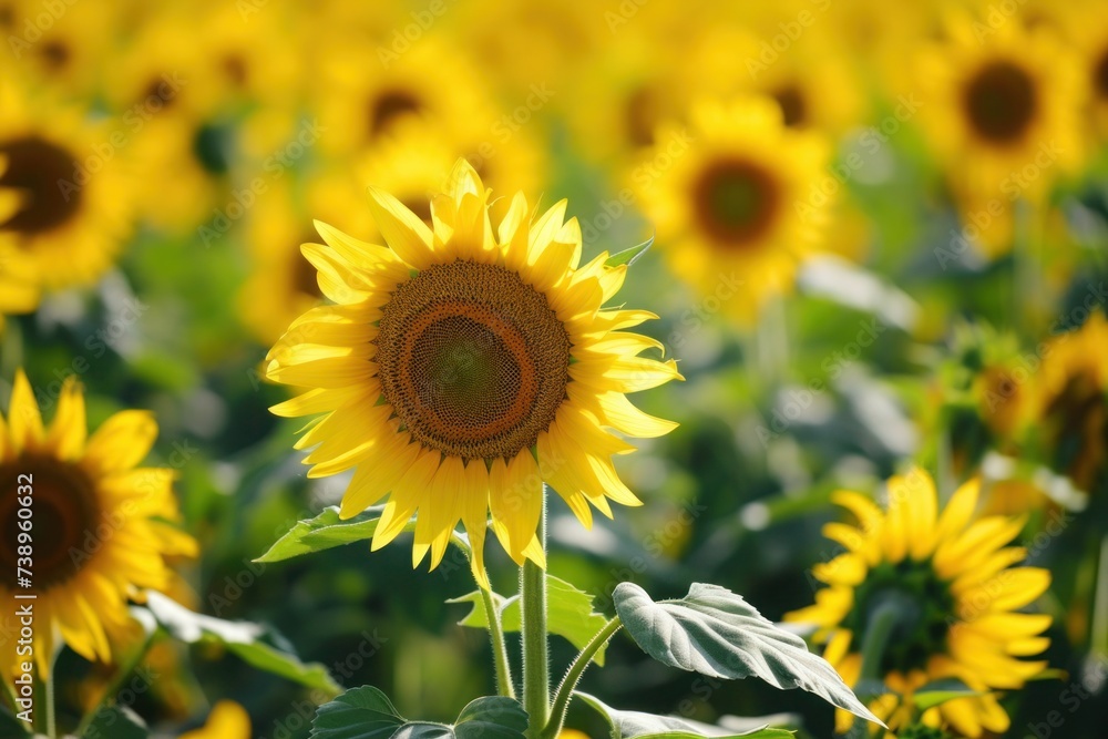 Fototapeta premium Field of yellow sunflowers glowing in the sun, closeup macro photography