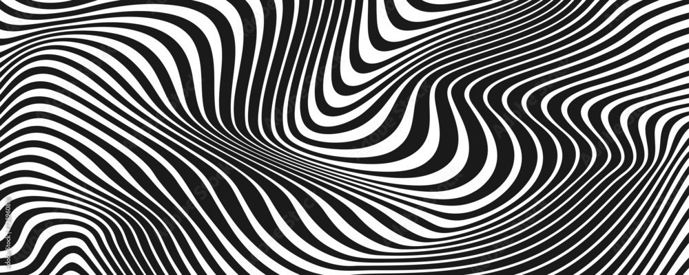 Black and white abstract background. Waves shape decoration. Optical illusion stripes style. Modern graphic design element with distorted lines concept for web, poster, flyer, card cover, or brochure Black and white abstract background. Waves shape decoration. Optical illusion stripes style. Modern graphic design element with distorted lines concept for web, poster, flyer, card cover, or brochure