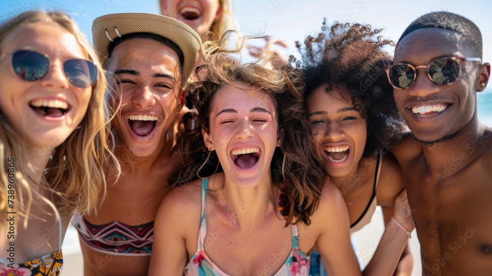 Under the warm summer sky, a group of friends wearing stylish swimwear and sunglasses laugh and pose on the beach, showcasing their happy friendship and carefree vacation vibes