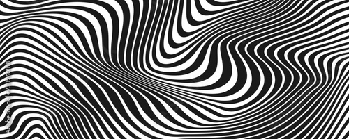 Black and white abstract background. Waves shape decoration. Optical illusion stripes style. Modern graphic design element with distorted lines concept for web, poster, flyer, card cover, or brochure