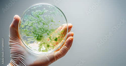 Close-up of scientist s hand with petri dish  featuring vibrant blue-green algae colony