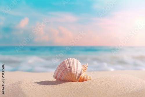 Pristine seashell on a tranquil sandy beach, symbolizing calm and serenity AI Generative. © Alisa