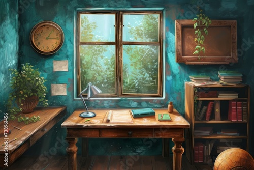 A Painting of a Room With a Desk and a Window