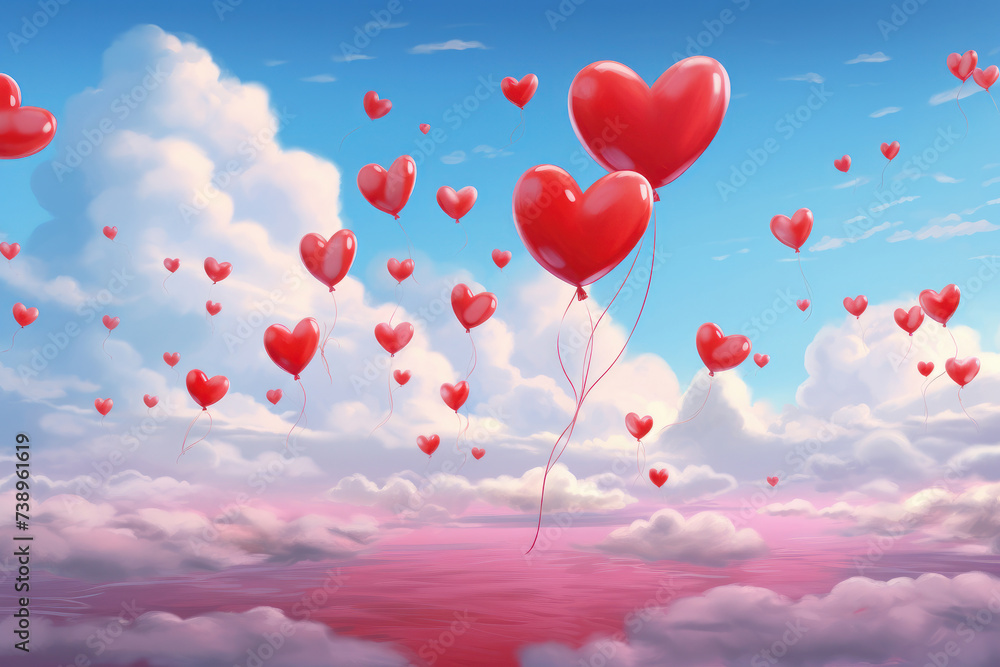 Heart-shaped balloons ascend into a dreamy sky, symbolizing love and joy AI Generative.