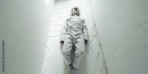 Person in White Suit Lying on White Floor. Generative AI. © Vitalii But