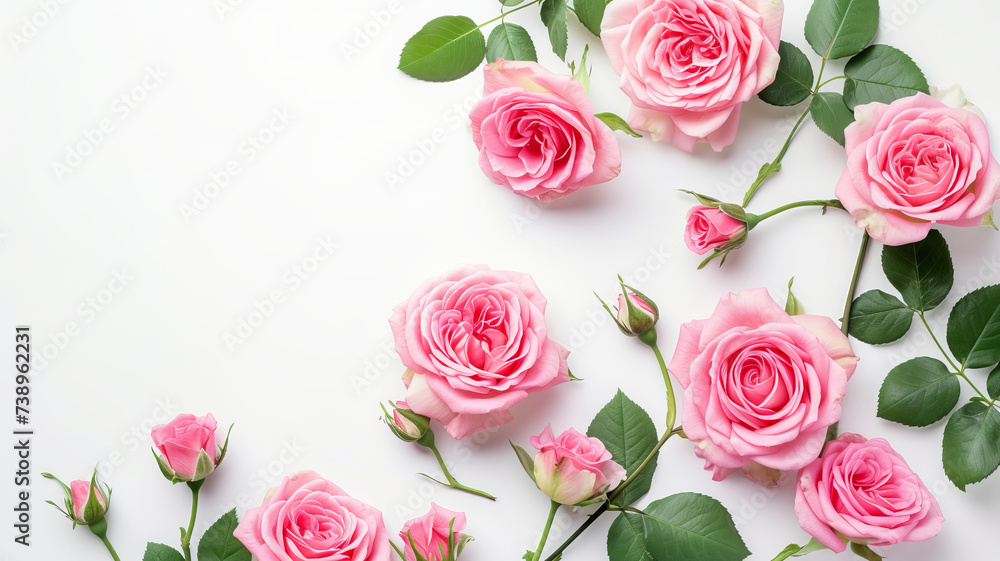 Lush pink roses with vibrant green leaves on a clean background, evoking romance, AI Generative. Lush pink roses with vibrant green leaves on a clean background, evoking romance, AI Generative.