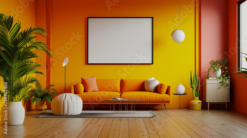 A mockup with an empty frame in a stylish living room with vibrant orange decor, perfectly for custom content, ending with AI Generative. photo