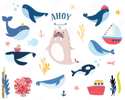 Cute Sea Animal Characters Set, including whales, fish, sea lion, boats, ships and seaweed