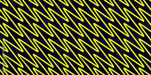 Bright colorful zigzag lines seamless pattern. Vector texture with diagonal zig zag, waves, stripes, chevron. Simple neon yellow and black abstract geometric background. Stylish funky retro design