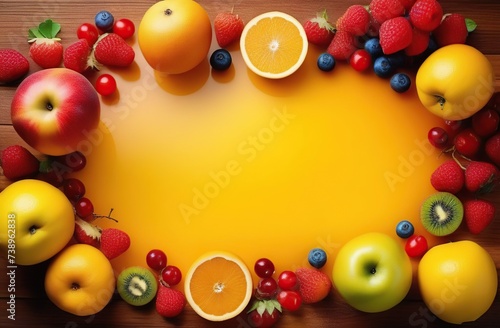 Frame of fresh fruits on a yellow chalkboard