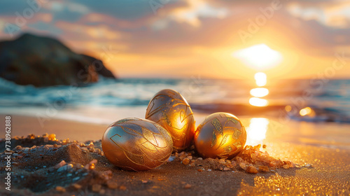 Serene Atmosphere at Sunset: Elegant Clipart with Golden Easter Eggs on Golden Beach.