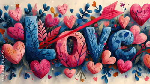 A vibrant artwork featuring the word ‘LOVE’ surrounded by whimsical hearts and an arrow. This image is perfect for: valentine’s day, love, romance, anniversary, artwork.