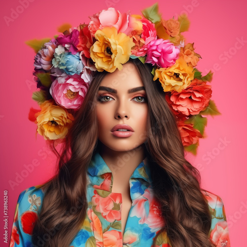 Floral Elegance: Stunning Model with a Crown of Vibrant Spring Blooms