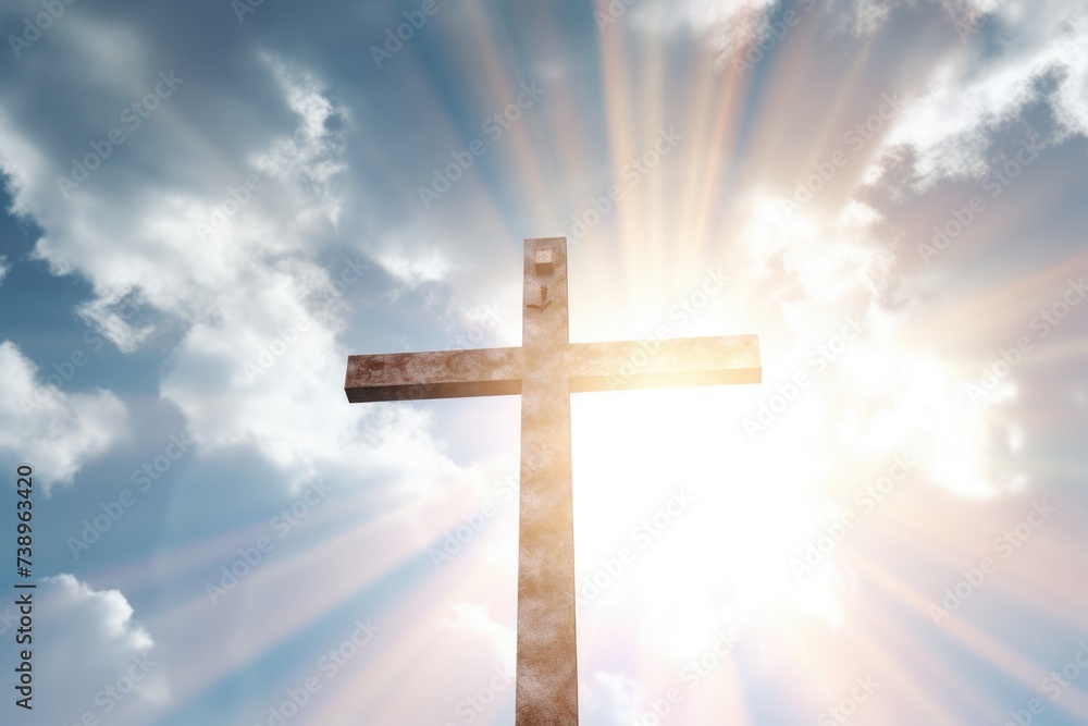 Christian wooden cross with heavenly white light. Blue sky, clouds and sunshine. Symbol of Christianity. AI Generated Christian wooden cross with heavenly white light. Blue sky, clouds and sunshine. Symbol of Christianity. AI Generated