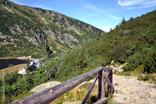 Samotnia Mountain Shelter, view from blue trail, Karkonosze Mountains (Giant Mountains), Poland photo