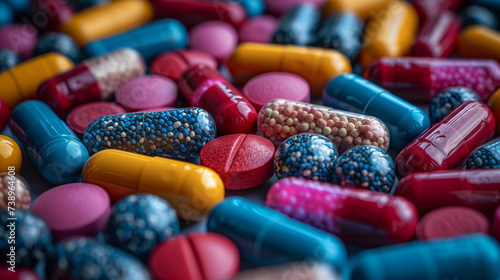 Pharmaceutical capsules and tablets in vibrant colors on white photo