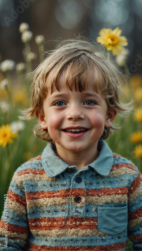 Niño ruibio caucásico sonriente y feliz rodeado de naturaleza en una escena de primavara photo