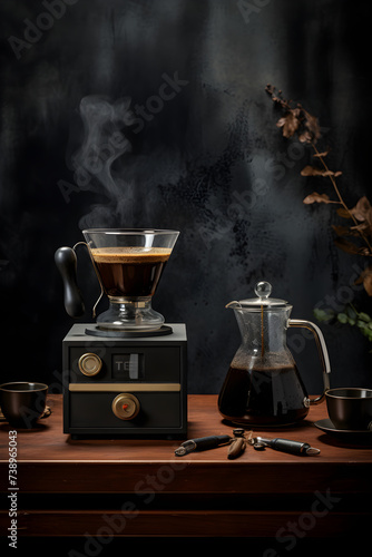 The Perfect Morning Brew: Captivating Image of Freshly Brewed Coffee and a Rustic Coffee Beans Setting