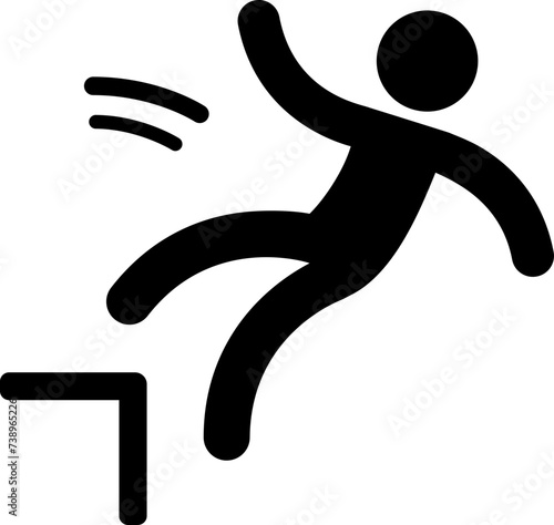 Caution symbol, icon of stick figure man falling off edge. Workplace safety and injury vector illustration.